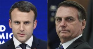 Foto de Macron, da União Europeia, à esquerda, e Bolsonaro, à direita.