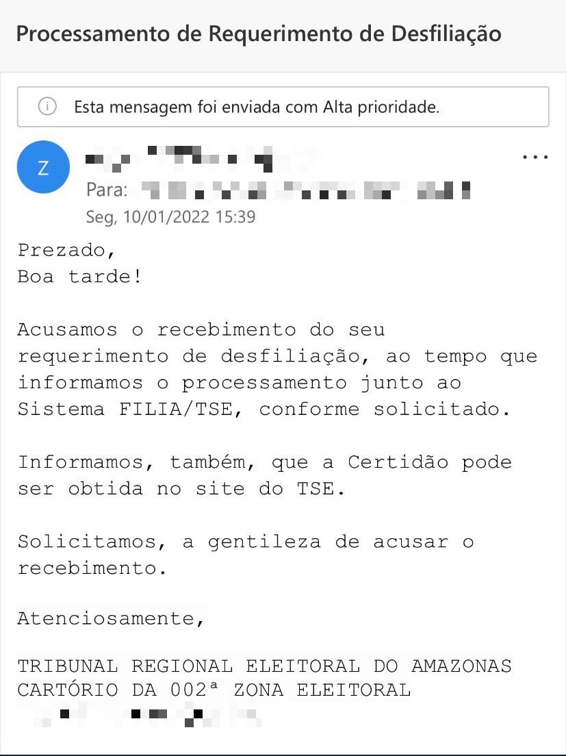 O email de pedido de desfiliação de Marcelo Ramos