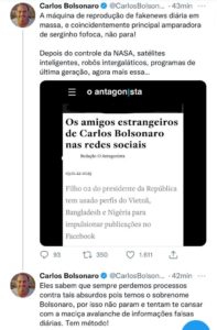 Carlos Bolsonaro faz post em twitter sobre matéria que saiu sobre ele