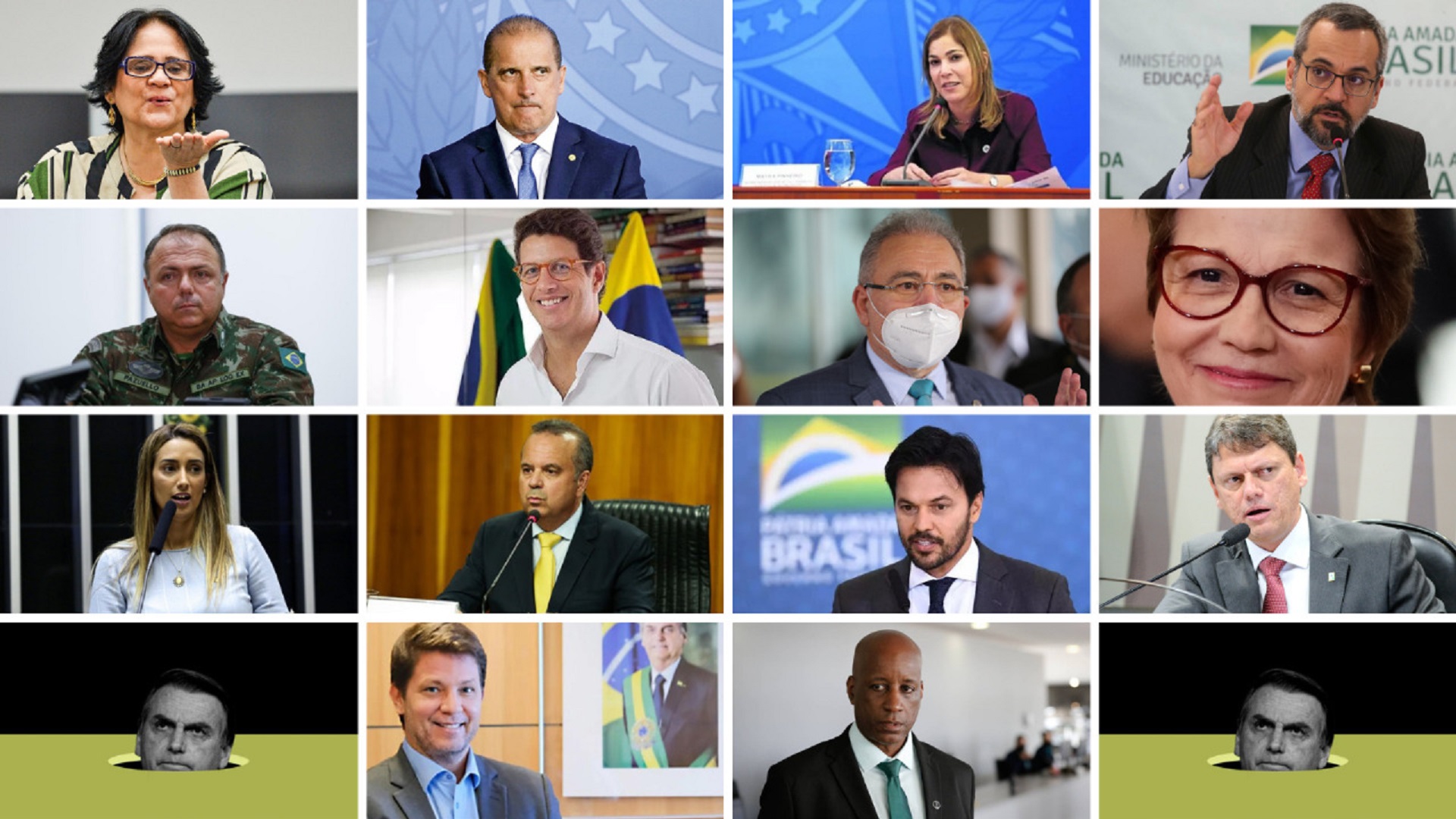 Montagem com closes de ministros, assessores e aliados de Bolsonaro