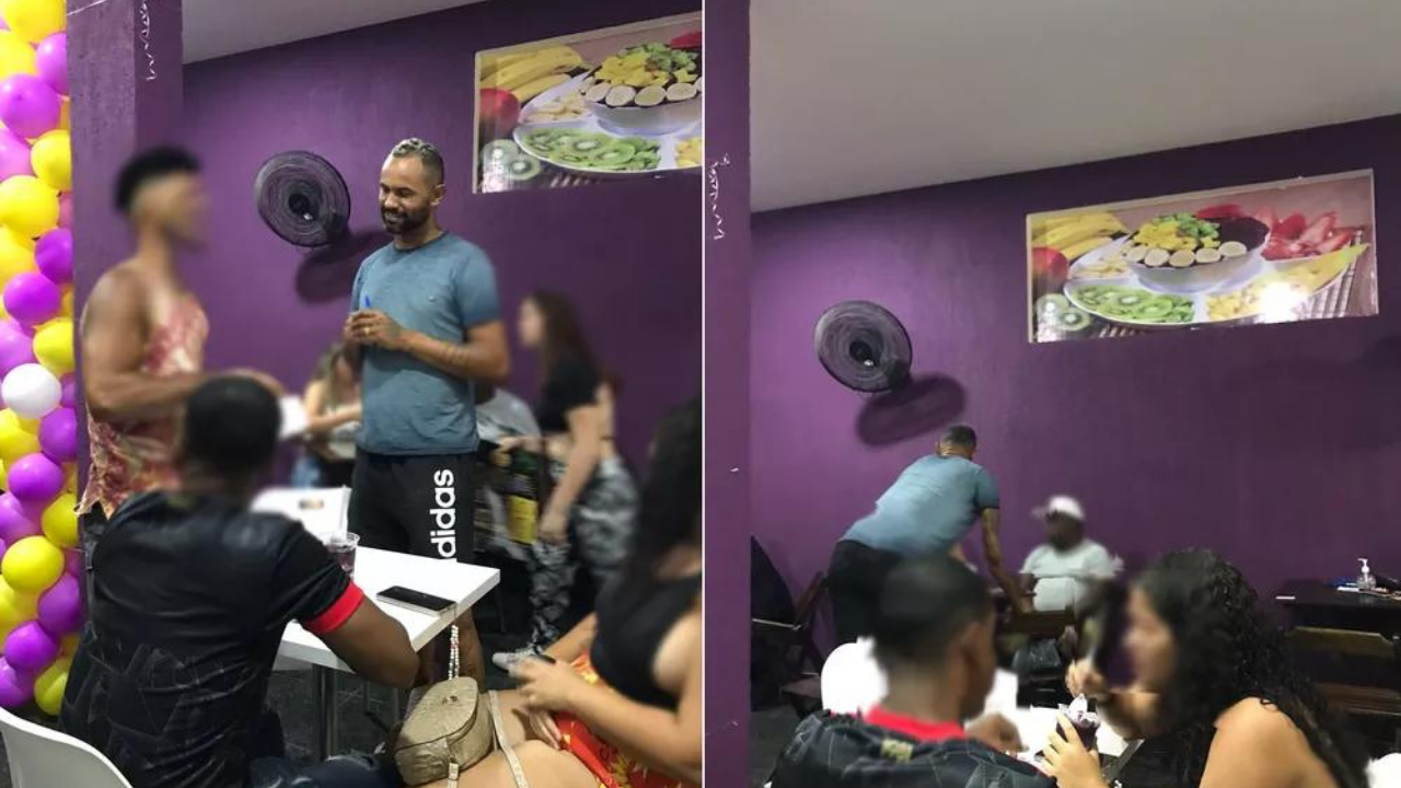O goleiro Bruno conversa e se diverte com clientes durante inauguração de açaiteria.