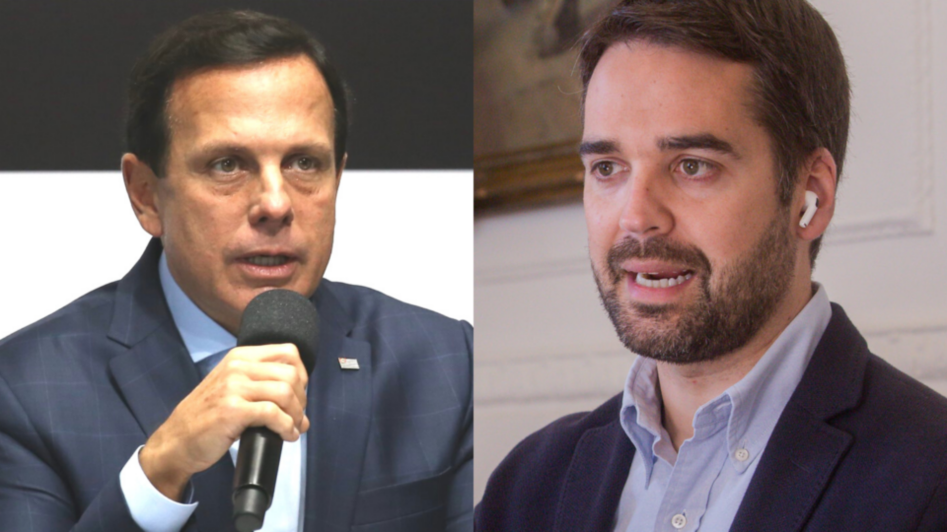 Bolsonaro se incomoda com possível candidato. Montagem com foto de João Doria (à esquerda) e Eduardo Leite (à direita). Eles usam terno preto e estão falando no momento do clique.