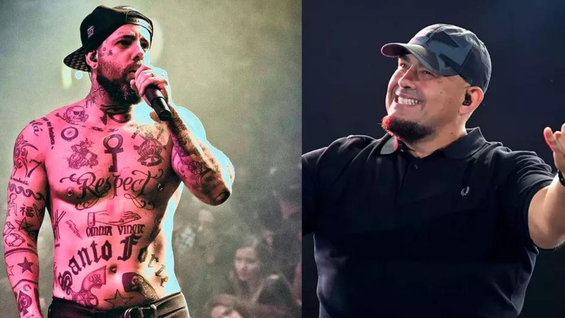 Tico Santa Cruz se revolta com chacota de Digão. À, esquerda, Tico tem copor tatuado e está em palco, à direita, Digão tem barba e boné e canta ao microfone.