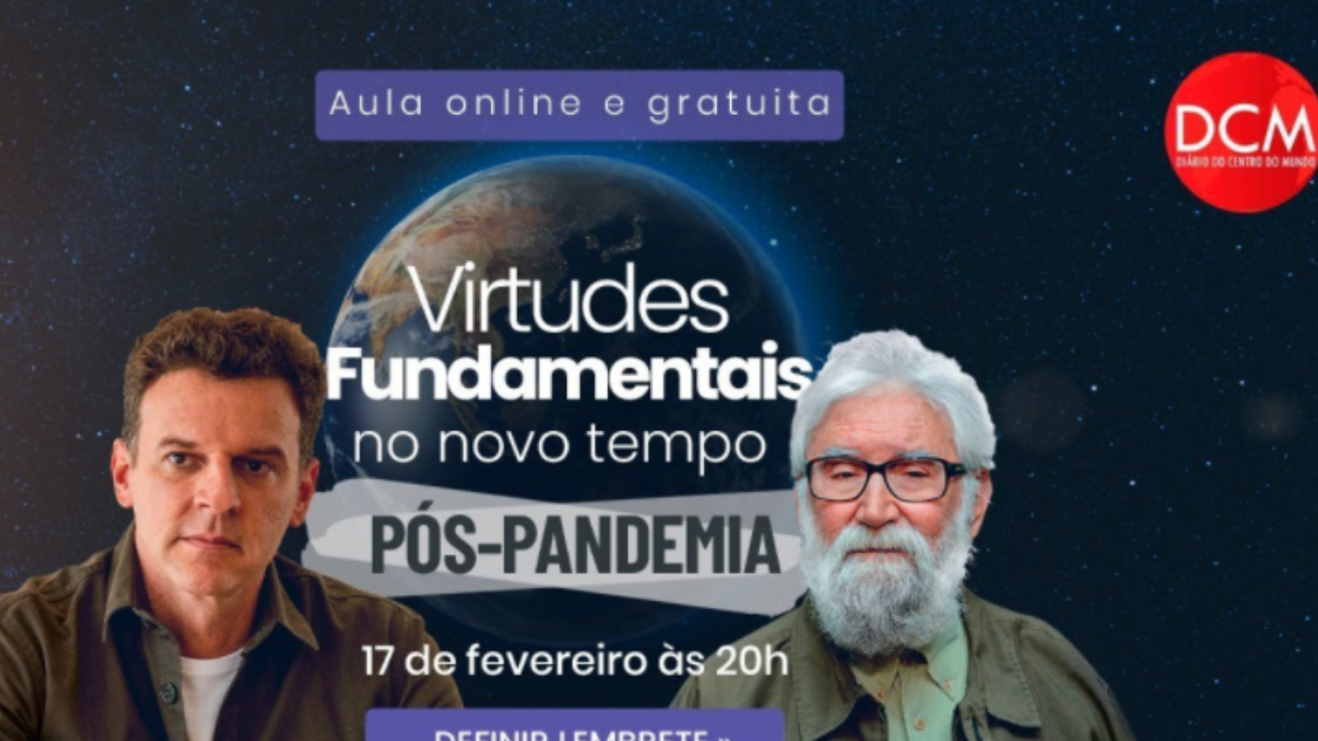 Aula aberta com Leonardo Boff. Capa do YouTube com foto de Eduardo Moreira (à esquerda) e Leonardo Boff (à direita). Os tons estão em azul e vermelho.