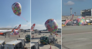 Balão encobre avião e causa incidente no aeroporto de Guarulhos. Montagem de três fotos que mostram quando o balão vem caindo do céu e atinge a pista de pouso.