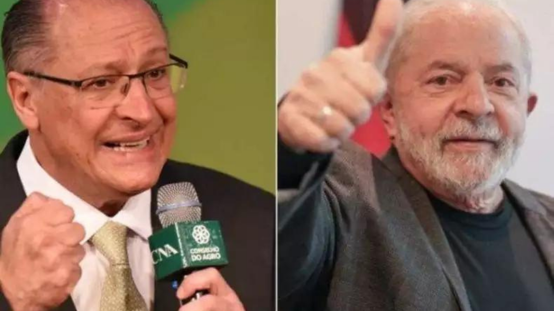 A chapa Lula e Alckmin pode ser confirmada em breve. Montagem de Lula (à direita) sorrindo e fazendo sinal de legal com a mão direita e Alckmin (à esquerda) falando ao microfone, usando óculos e terno preto.