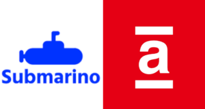 Americanas e Subamrino saem do ar. Montagem de fotos, à esquerda, símbolo do Submarino com letreiro em azul, à direita, símbolo das Americanas, letra a em branco em fundo vermelho.