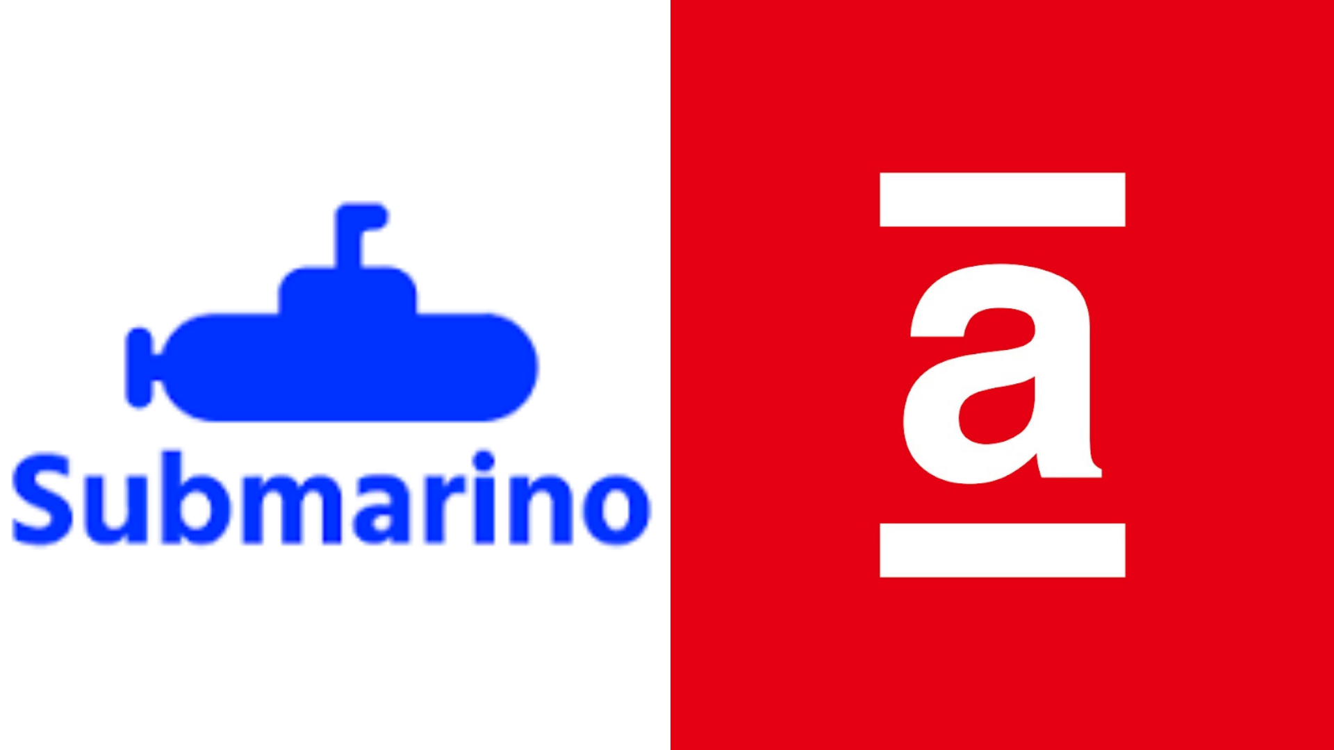 Americanas e Subamrino saem do ar. Montagem de fotos, à esquerda, símbolo do Submarino com letreiro em azul, à direita, símbolo das Americanas, letra a em branco em fundo vermelho.