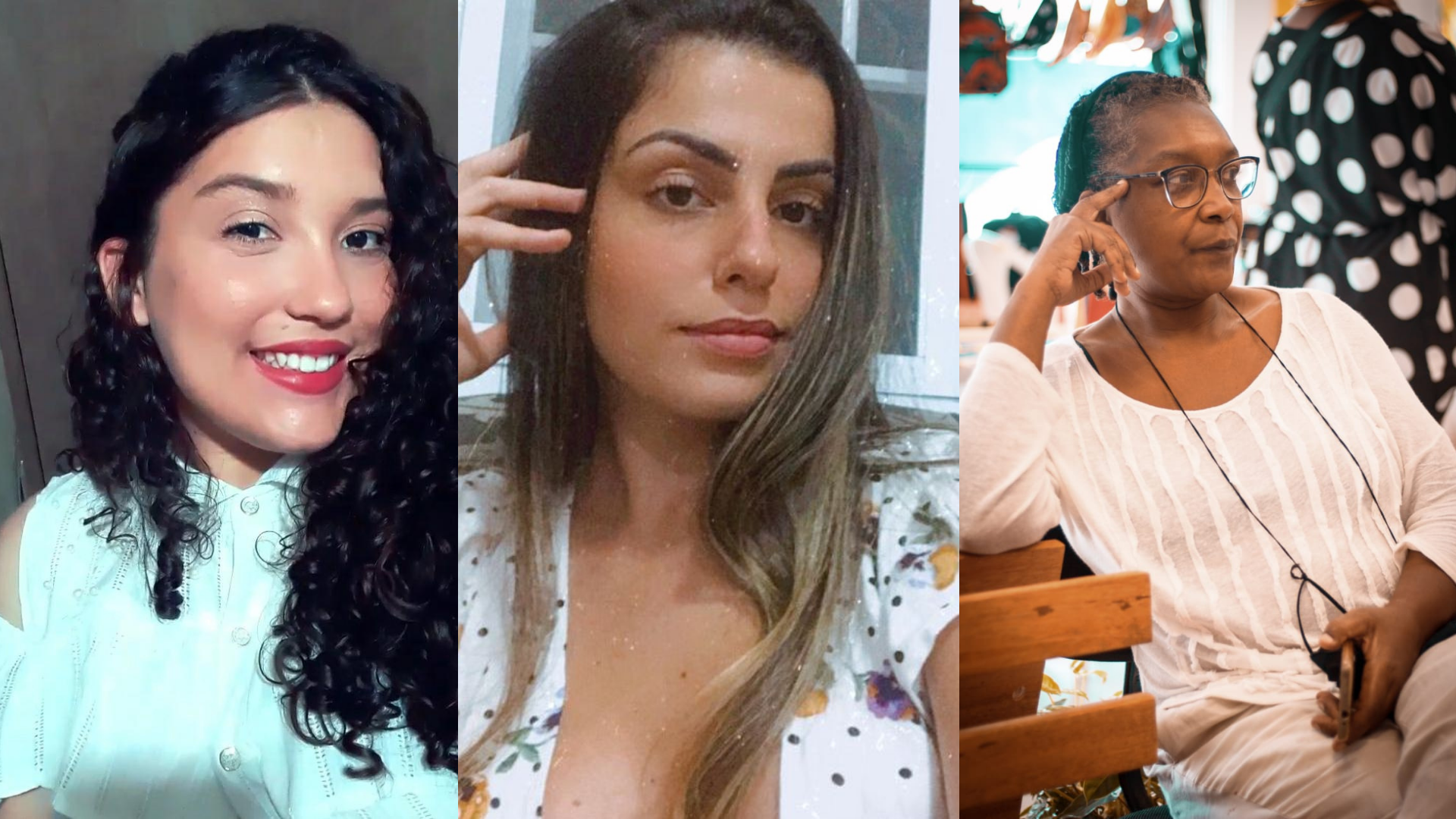 Quem são os apoiadores do Lula? Da esquerda para a Direita, Milena Vieira, com cabelos pretos cacheados, blusa branca, pele branca e batom vermelho, sorrindo para a selfie. Bruna resende, com cabelo loiro e liso, pele branca e olhar sério para a foto, Cláudia Pereira, com calça e camisa brancas, pele negra, óculos de grau e cabelo crespo preso.