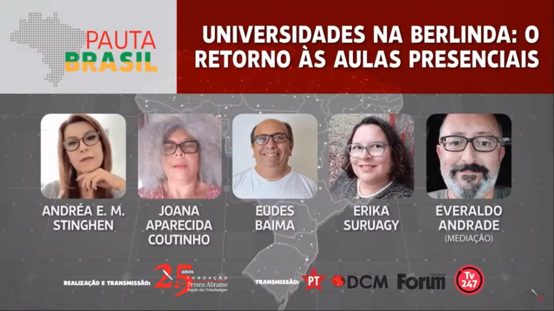 Pauta Brasil discuto o retorno às aulas presenciais nas universidades brasileiras. Print da tela do post, em tons cinzas e vermelho com a foto dos partipantes dispostos na horizontal.