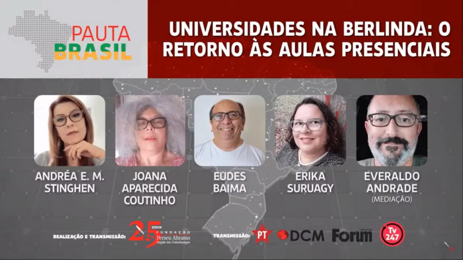 Pauta Brasil discuto o retorno às aulas presenciais nas universidades brasileiras. Print da tela do post, em tons cinzas e vermelho com a foto dos partipantes dispostos na horizontal. 