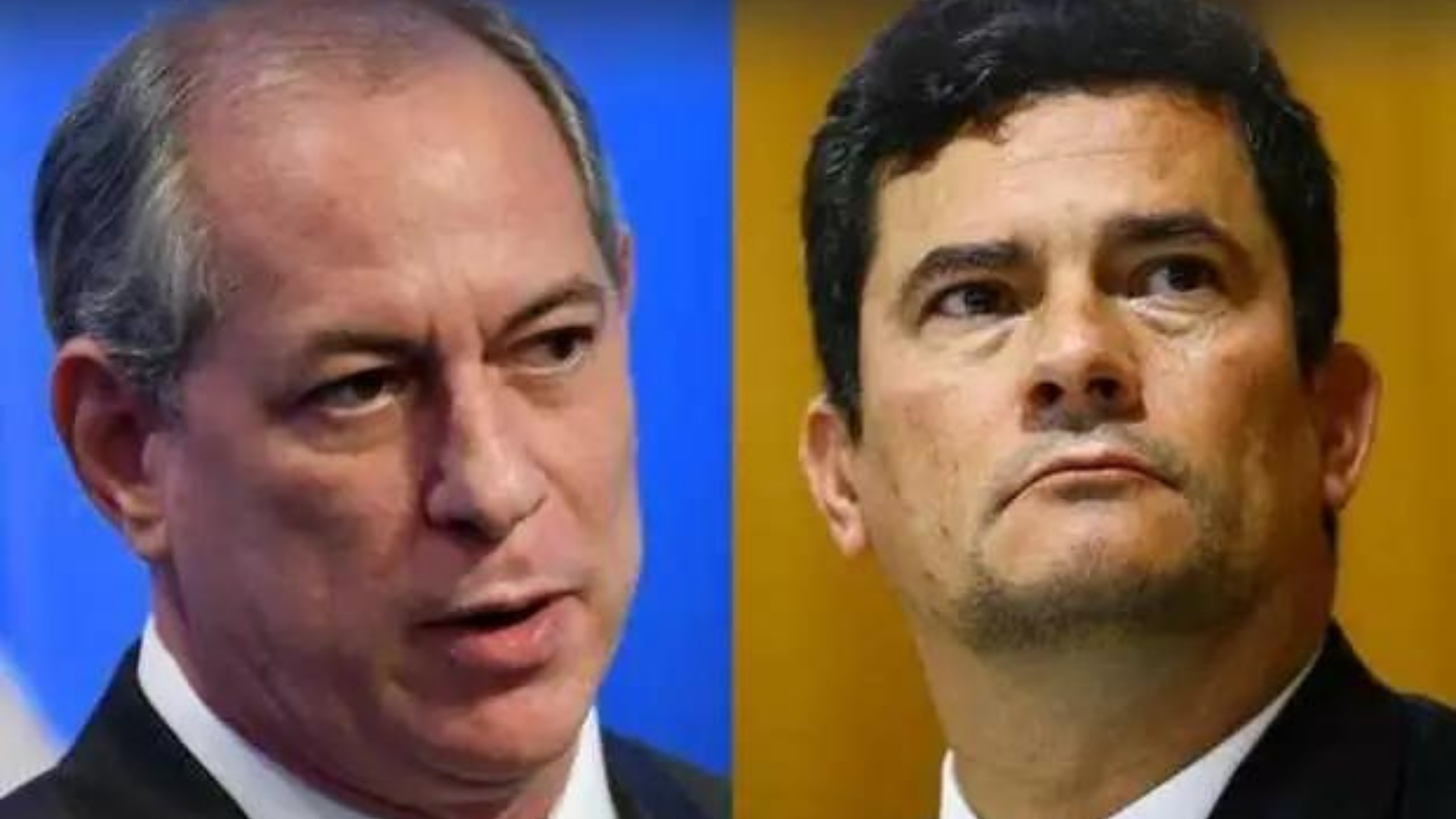 Montagem de Ciro Gomes (à esquerda) com olhar debochado e Sergio Moro (à direita) com olhar pensativo olhando para o alto.