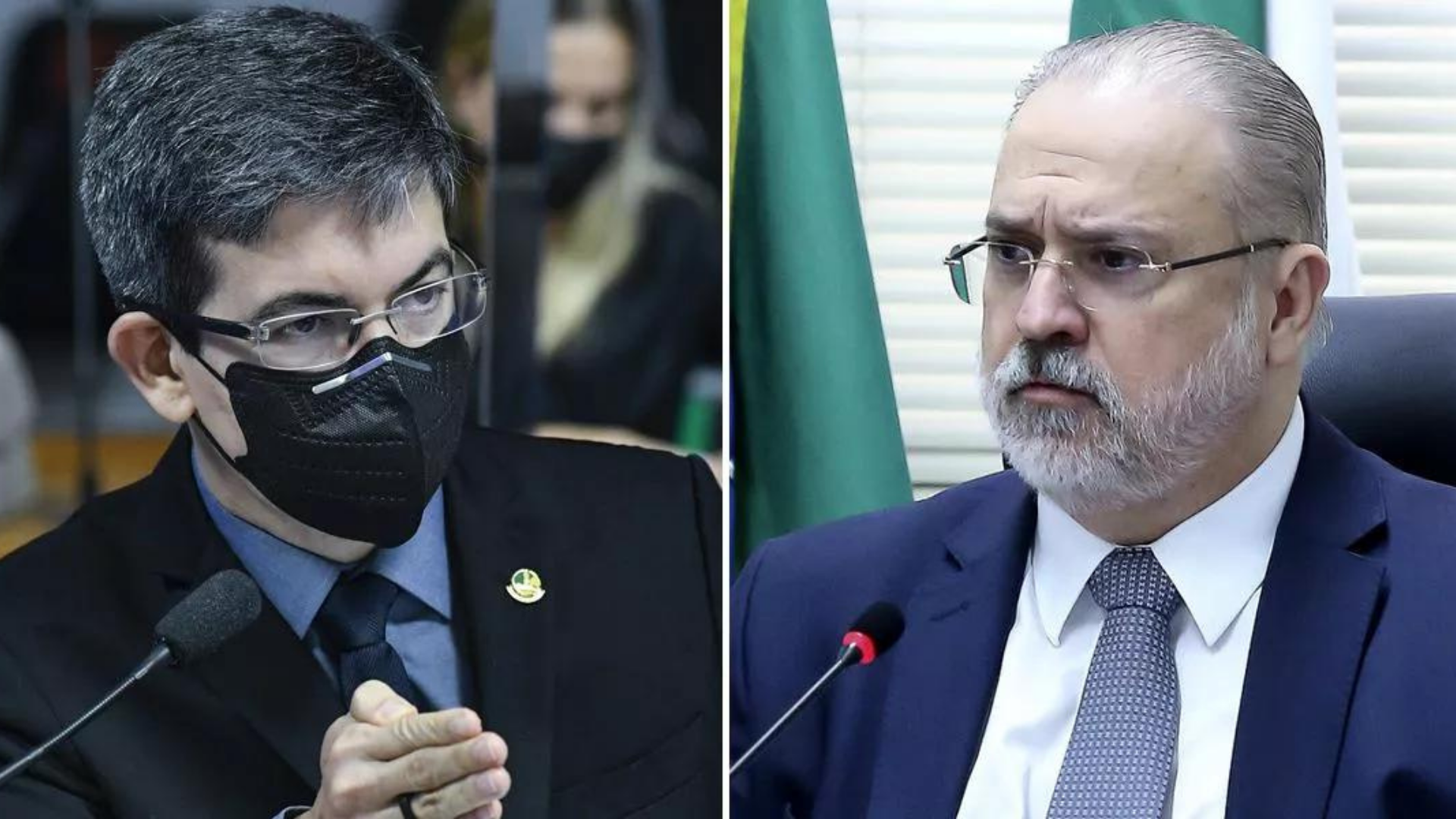 Randolfe humilha Aras na TV. Randolfe, à esquerda, usa óculos, ternos e máscara pretas, além de cabelo grisalho.