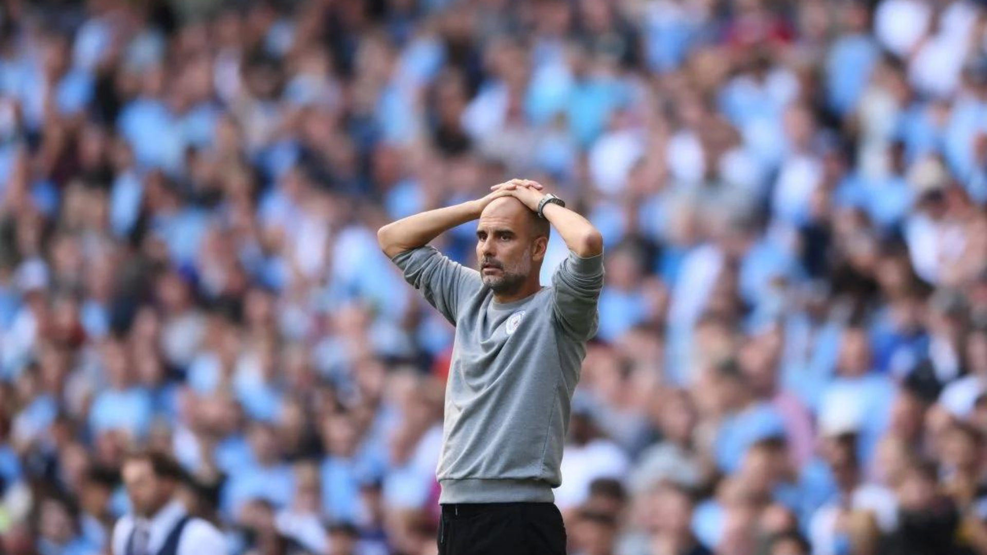 Avião que lavava jorgadores do Manchester dizeram pouso forçado. O tecnico do time está no gramado com as maos na cabeça, ele usa uma camisa cinza.
