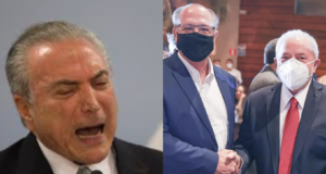 Lula cumprimentando Alckmin e Temer gritando em foto montagem: Lula quer Alckmin dialogando com o Congresso