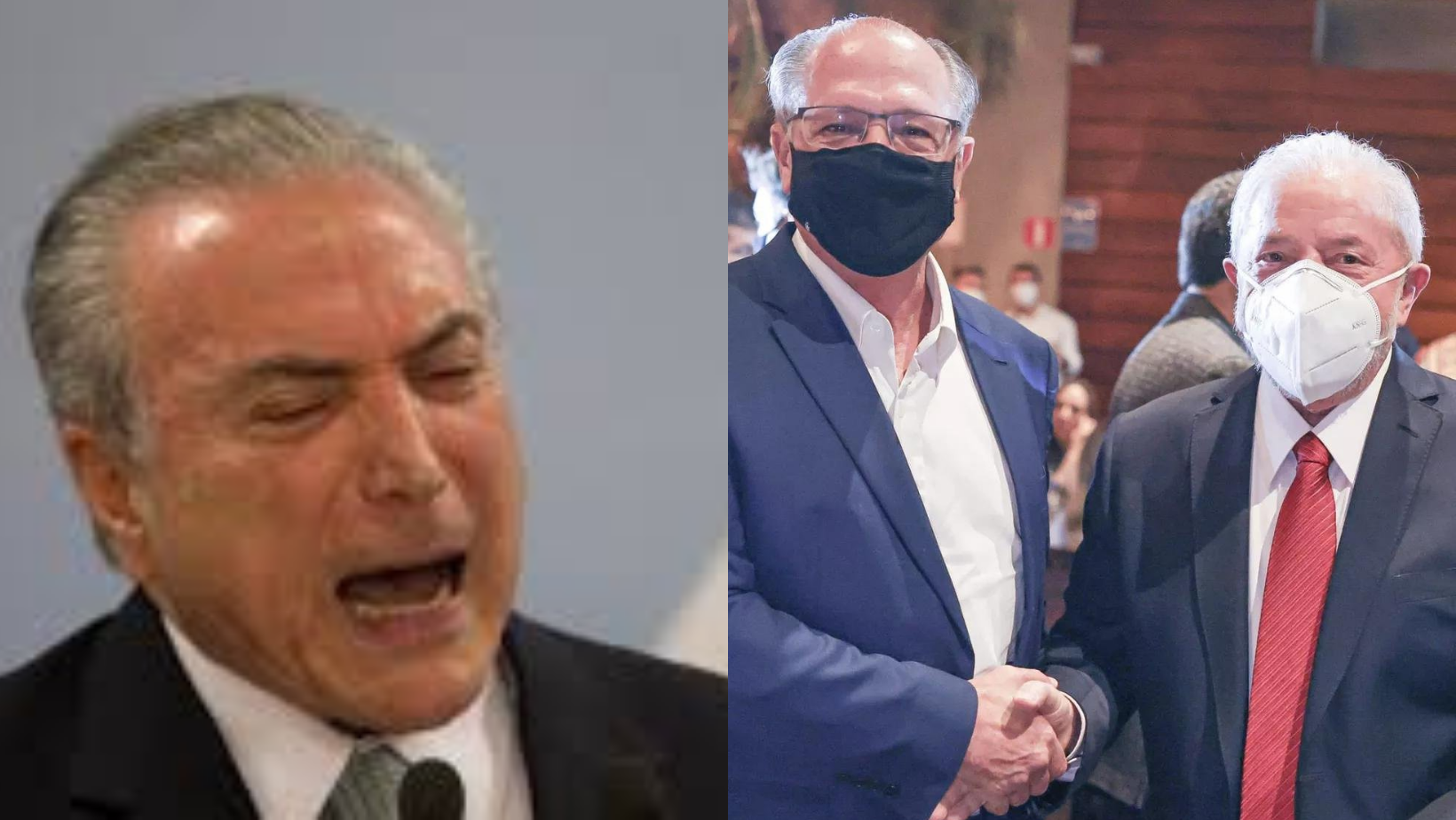 Lula cumprimentando Alckmin e Temer gritando em foto montagem: Lula quer Alckmin dialogando com o Congresso