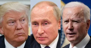 Foto montagem de Donald Trump, Joe Biden e Vladimir Putin