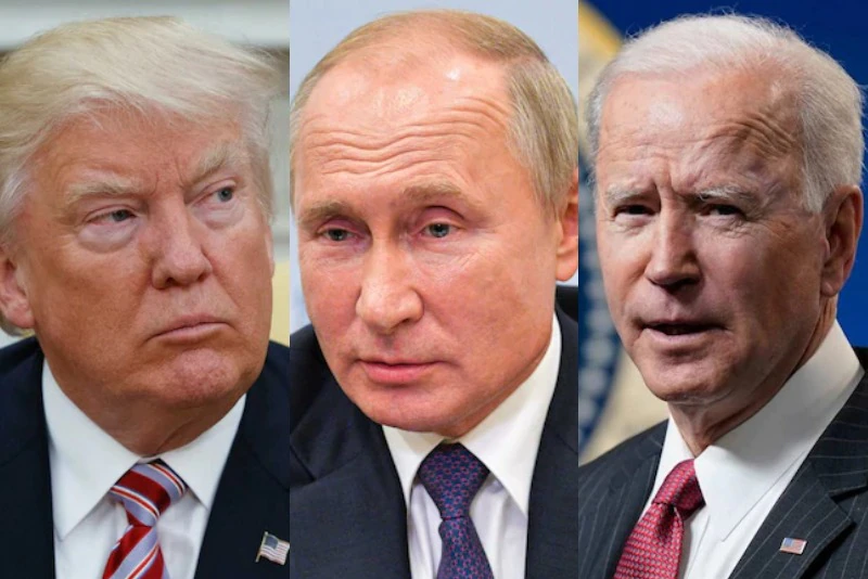 Foto montagem de Donald Trump, Joe Biden e Vladimir Putin