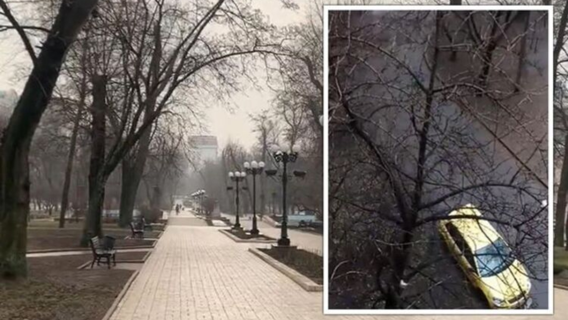 Praça deserta em Donetsk, na Ucrânia.