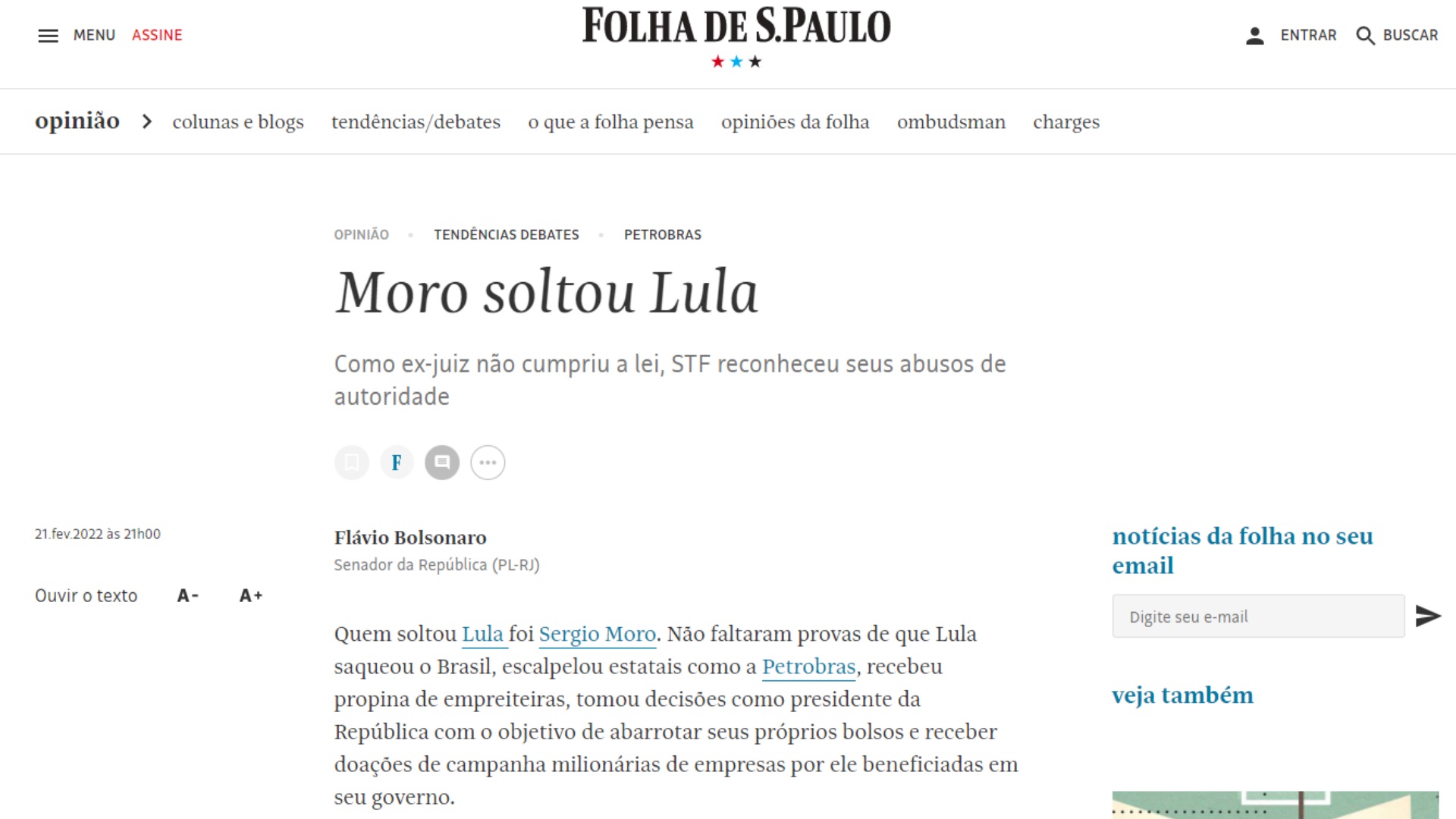 Artigo de Flávio Bolsonaro na Folha