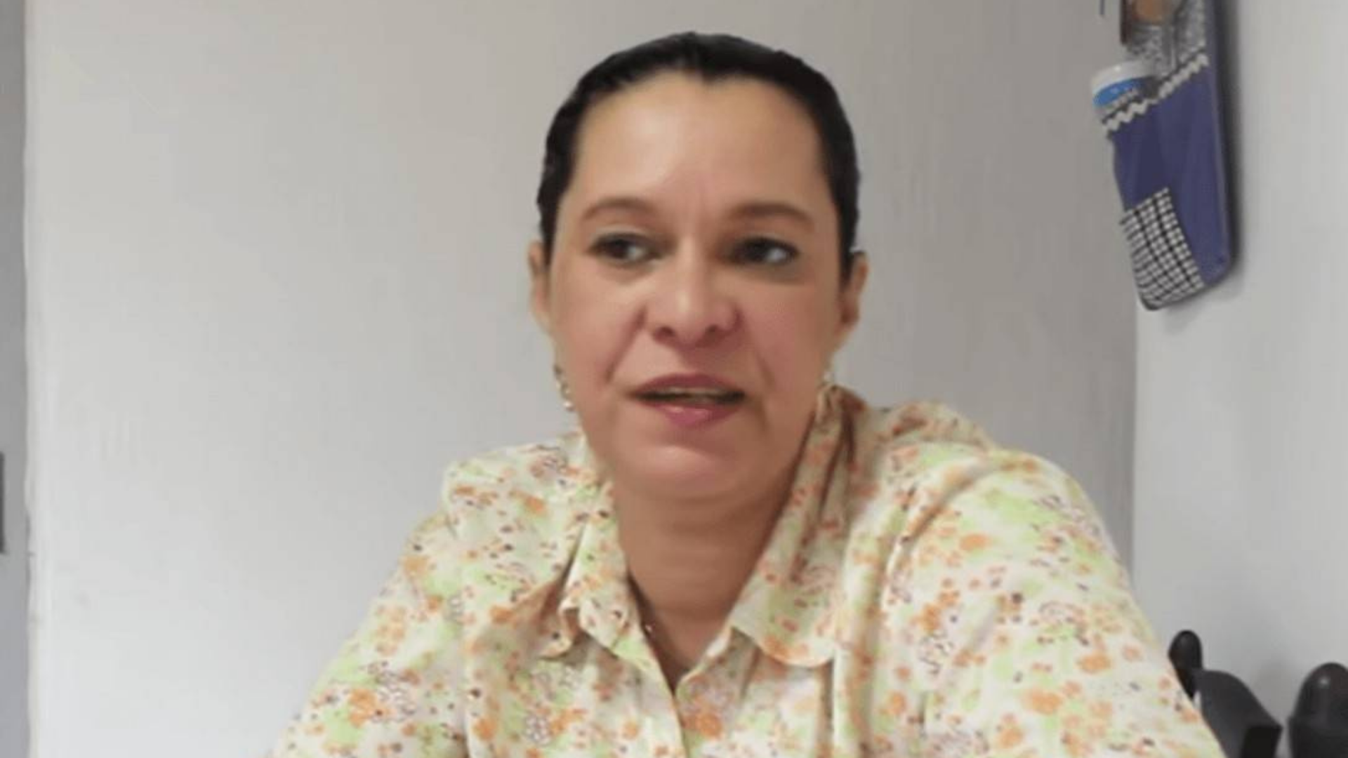 Filha de Olavo de Carvalho. Ela usa cabelo preto preso, blusa florida e brincos.