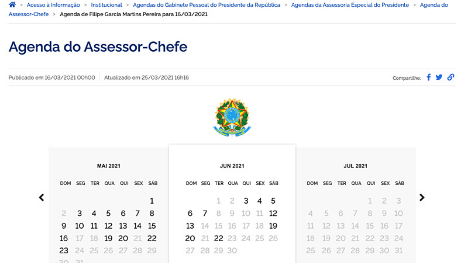 Foto da agenda do assessor-chefe.