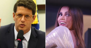 Anitta rebate Salles: "se defende de crimes par anão ser preso". Montagem, à esquerda, Salles usa terno preto, fala ao microfone e tem cabelo preto, à direita, Anitta está sorrindo, tem cabelo liso longo e vestido na cor prata.