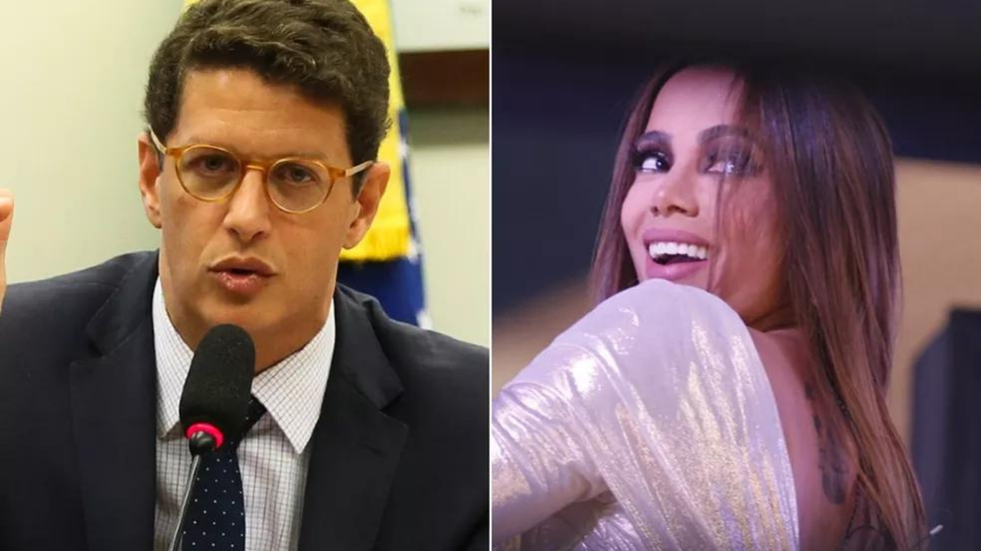 Anitta rebate Salles: "se defende de crimes par anão ser preso". Montagem, à esquerda, Salles usa terno preto, fala ao microfone e tem cabelo preto, à direita, Anitta está sorrindo, tem cabelo liso longo e vestido na cor prata.