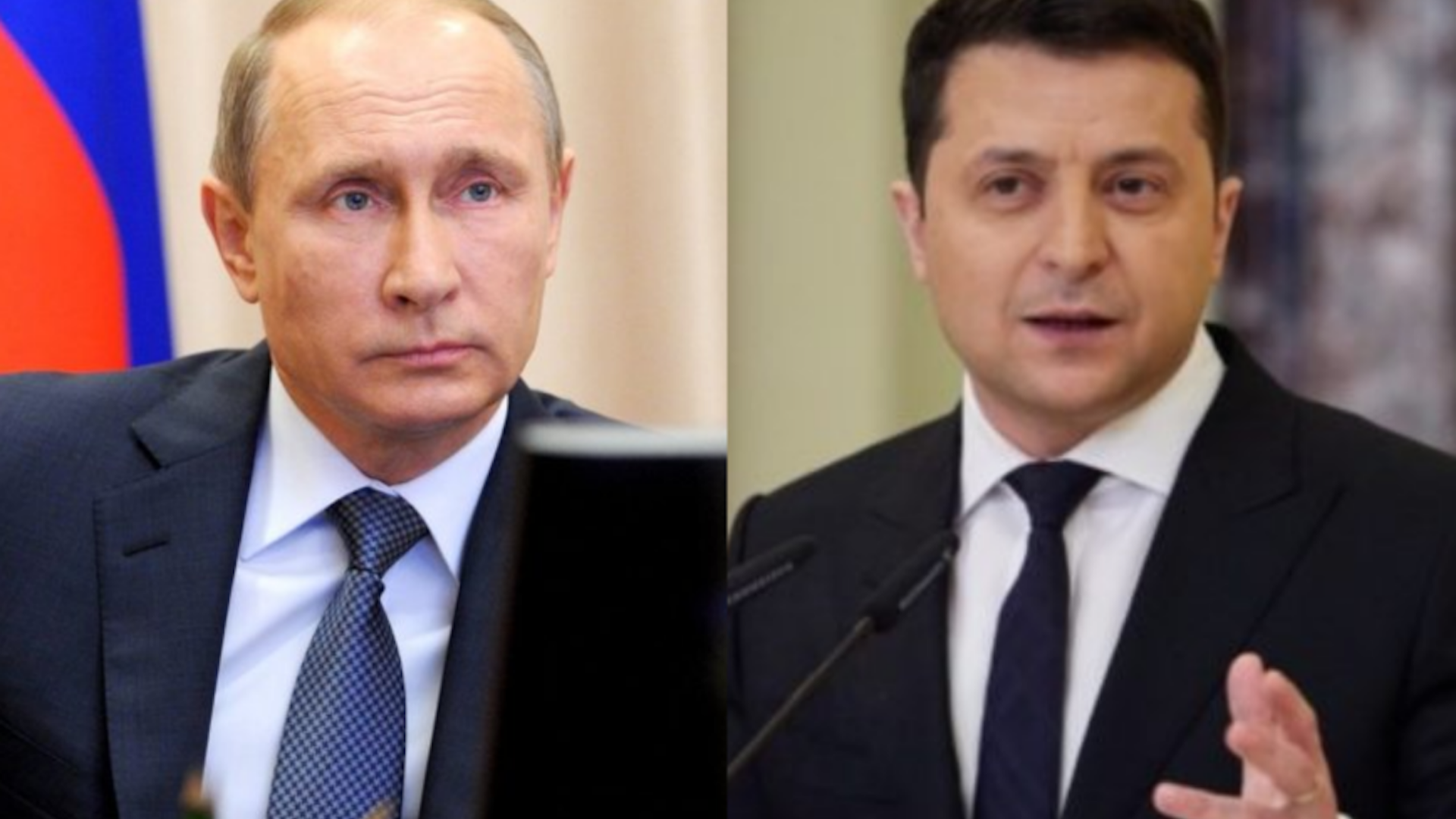 Rússia e Ucrânia farão reunião nesta segunda. Montage, à esquerda, foto de Putin com expressão séria e usando terno preto, à direita, foto de Zelensky gesticulando e falando ao microfone.