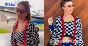 De um lado, foto da cantora Marília Mendonça antes de embarcar no avião no qual se acidentou. Do outro lado, modelo com a mesma roupa que a artista usava.