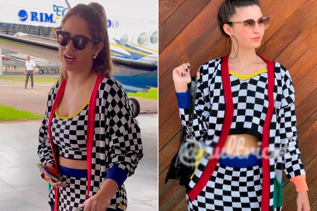 De um lado, foto da cantora Marília Mendonça antes de embarcar no avião no qual se acidentou. Do outro lado, modelo com a mesma roupa que a artista usava.