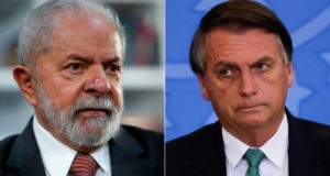 Montagem com as imagens de Lula e Bolsonaro lado a lado, ambos com expressões sérias.