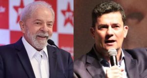 Lula e Moro falando ao microfone, em imagens colocadas lado a lado