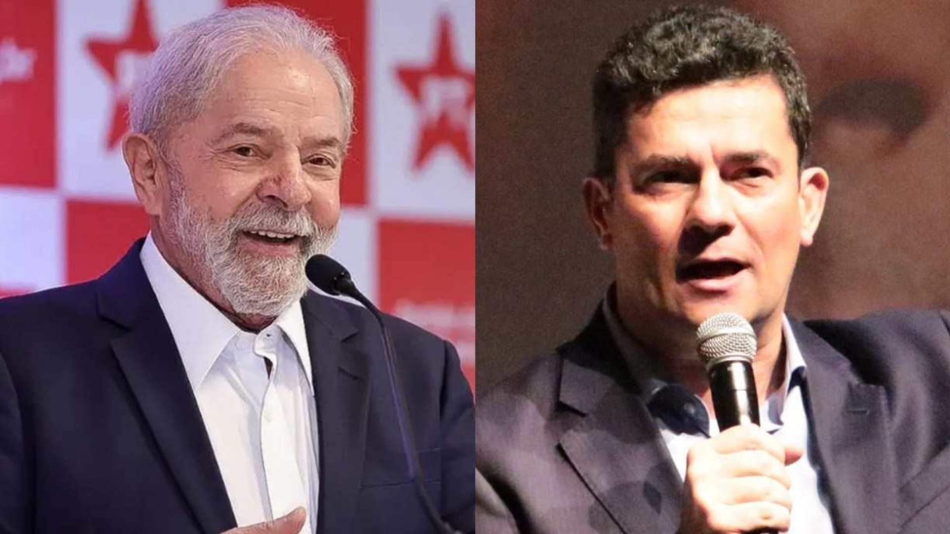 Lula e Moro falando ao microfone, em imagens colocadas lado a lado