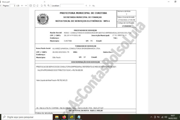 Nota Fiscal da prestação de serviços de Moro