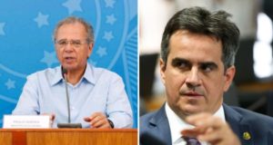 Paulo Guedes sentado e dando entrevista e Ciro Nogueira de terno e gravata no Senado: Paulo Guedes vai à guerra contra Ciro Nogueira