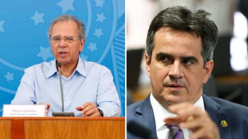 Paulo Guedes sentado e dando entrevista e Ciro Nogueira de terno e gravata no Senado: Paulo Guedes vai à guerra contra Ciro Nogueira