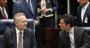 O senador Renan Calheiros (MDB-AL) e o ex-juiz Sergio Moro (Podemos). Imagem: Reprodução