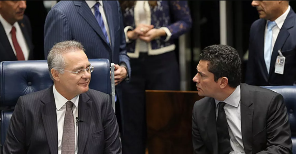 O senador Renan Calheiros (MDB-AL) e o ex-juiz Sergio Moro (Podemos). Imagem: Reprodução