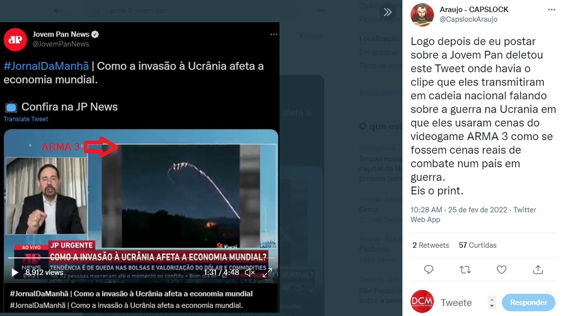 Sem noção, Jovem Pan exibe imagens de game como se fossem da invasão na Ucrânia