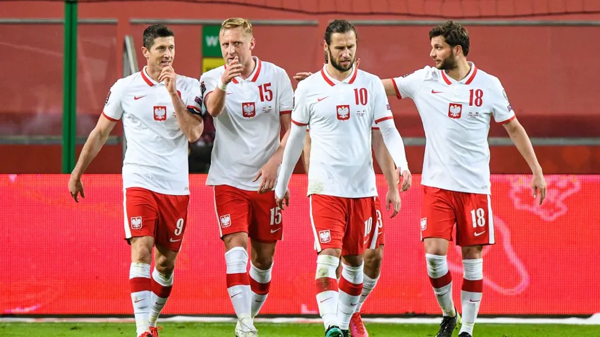 WARSAW, POLAND - MARCH 28: Robert Lewandowski and Kamil Glik of Poland celebrates during the FIFA World Cup 2022 Qatar qualifying match between Poland and Andorra on March 28, 2021 in Warsaw, Poland