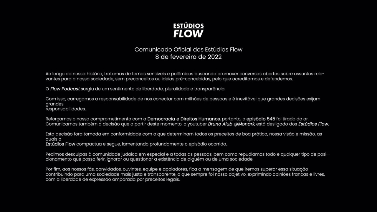 O podcast Flow, em nota oficial, comunicou a demissão de Bruno Aiub, o Monark. Imagem: Reprodução