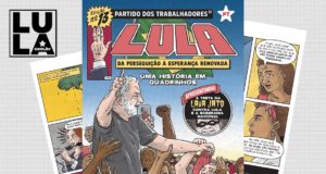 Capa da revista em quadrinhos, conhecido como HQ, que conta a história de Lula. No desenho, o ex-presidente é carregado nos braços pelo povo.