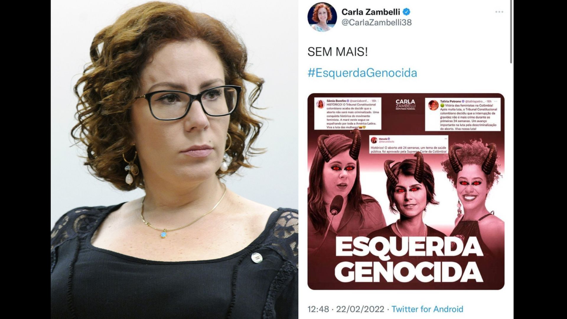 Postagem de Carla Zambelli retrata Sâmia Bomfim, Talíria Petrone e Manuela dÁvila com chifres e olhares diabólicos