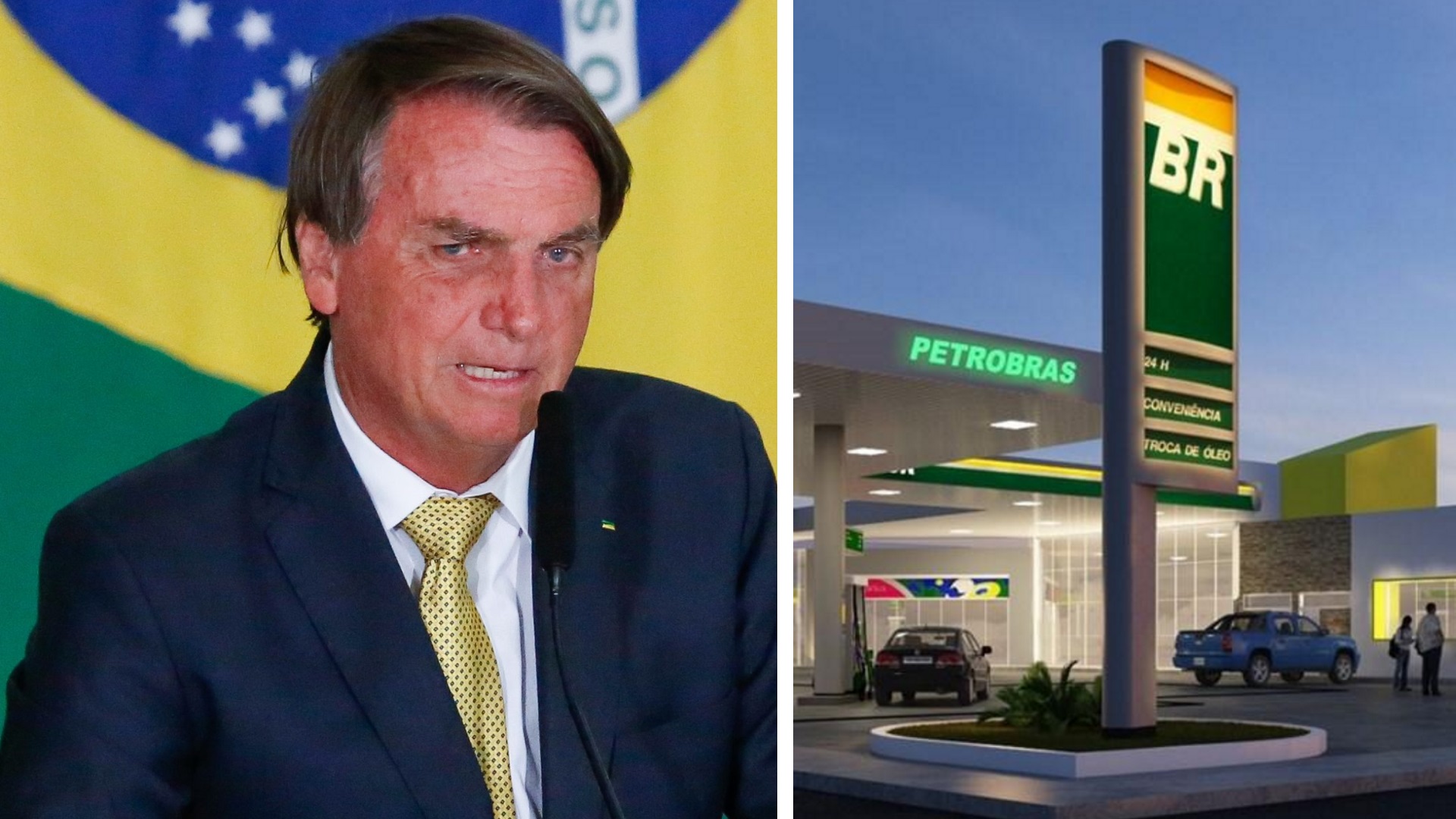 Montagem com a imagem de Bolsonaro e de um posto de combustível