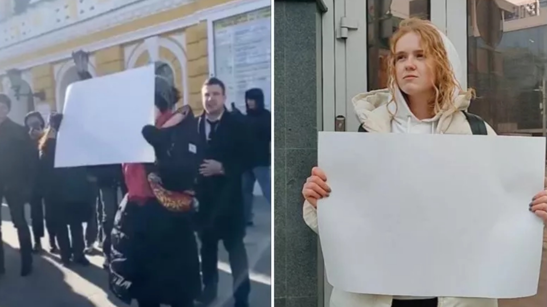 Manifestantes na Rússia com cartazes em branco