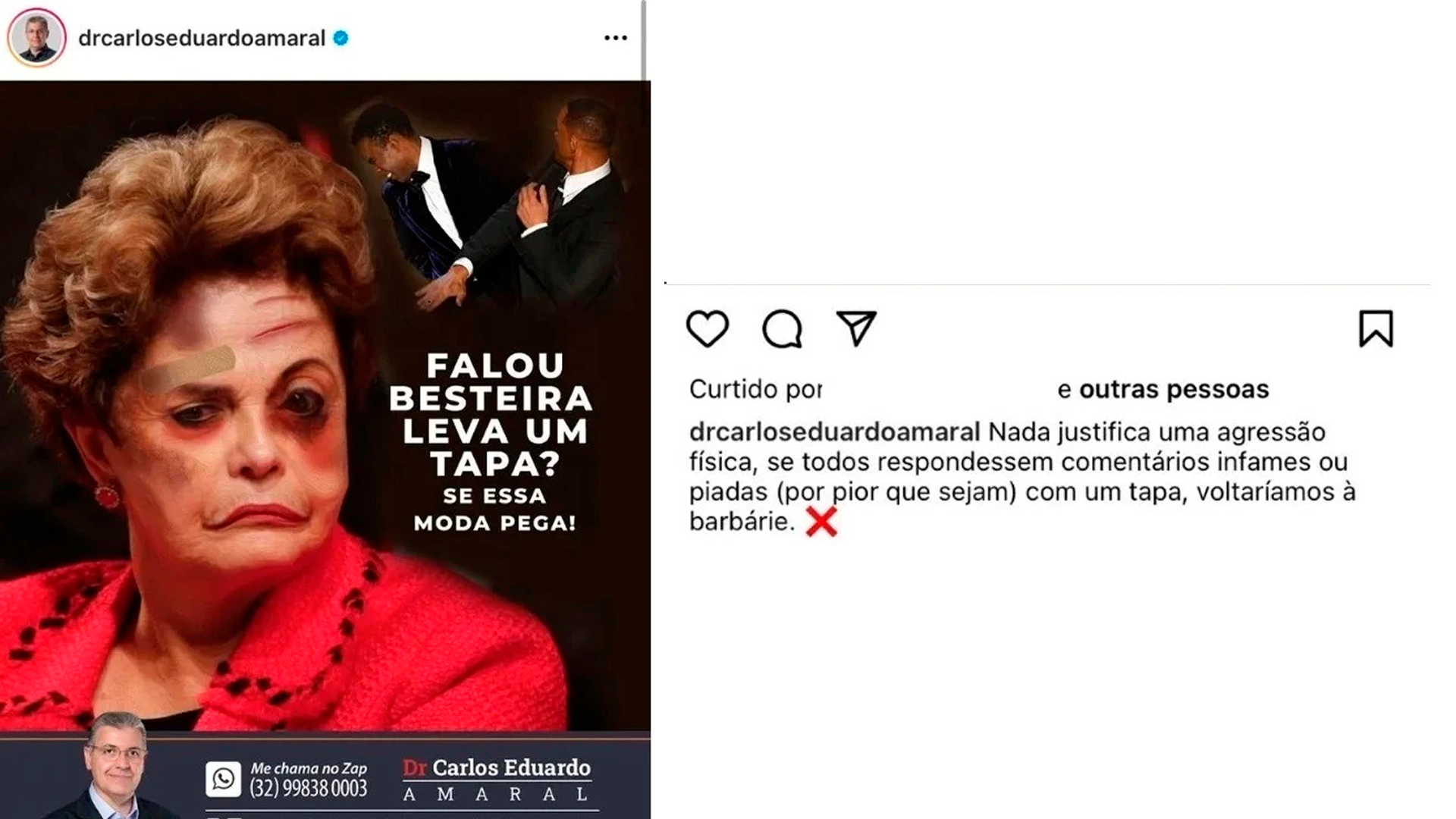 Postagem feita por Carlos Eduardo Amaral contra a ex-presidente Dilma (PT)