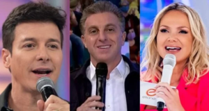 Montagem de Rodrigo Faro, Luciano Huck e Eliana lado a lado, todos apresentando seus programas e segurando o microfone.