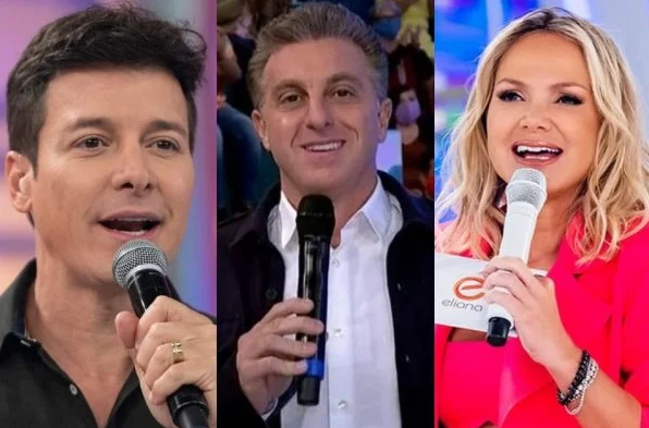 Montagem de Rodrigo Faro, Luciano Huck e Eliana lado a lado, todos apresentando seus programas e segurando o microfone.