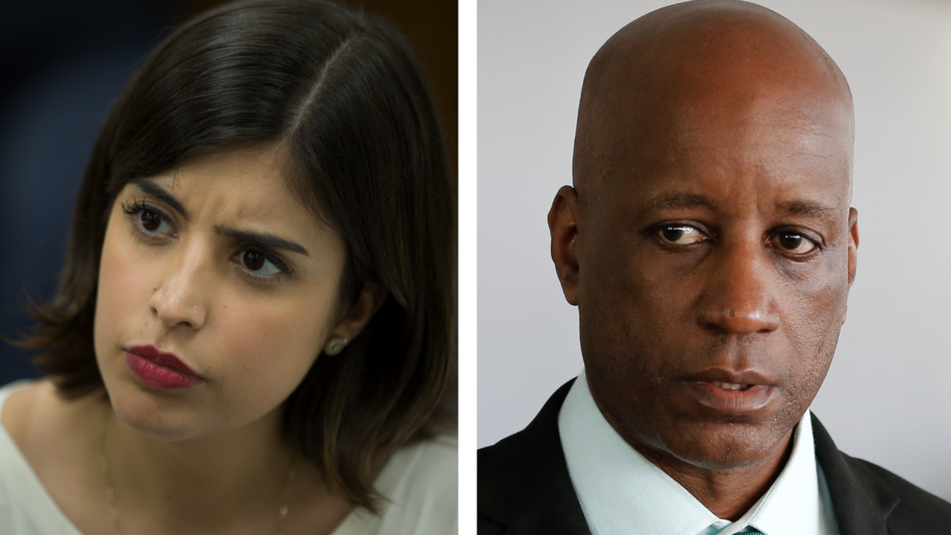 injúria e difamação: Justiça aceita queixa-crime de Tabata contra Sérgio Camargo. Montagem com foto de Tabata Amaral com olhar julgado, na esquerda, e à direita, Sergio Camargo com expressão séria e de cara fechada.